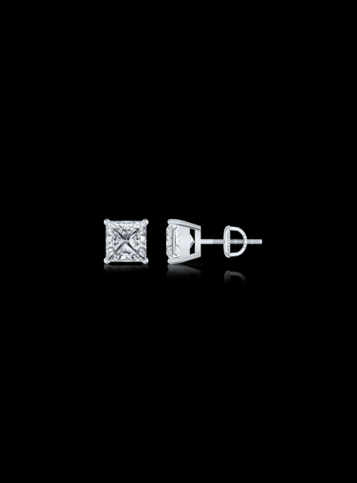 4 Prong Basket-14K White Gold-Lab grown Diamond Studs-Thread Back-Princess Cut 1.00 Ct TW